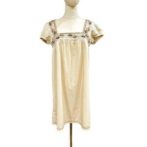 BCBG Embroidered Dress Size L XL Beige Square Neck Puff Sleeve READ Measurements